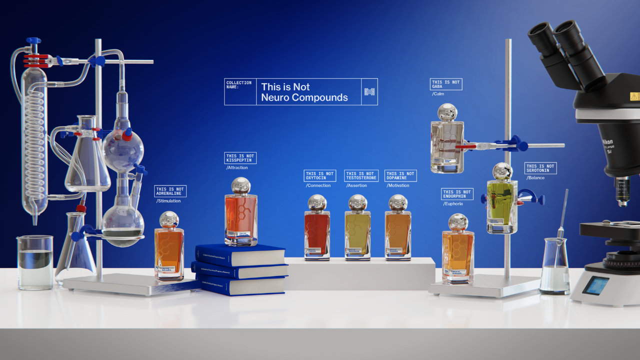 Laboratory setup with flasks, microscope, and labeled 'Neuro Compounds' on a blue background