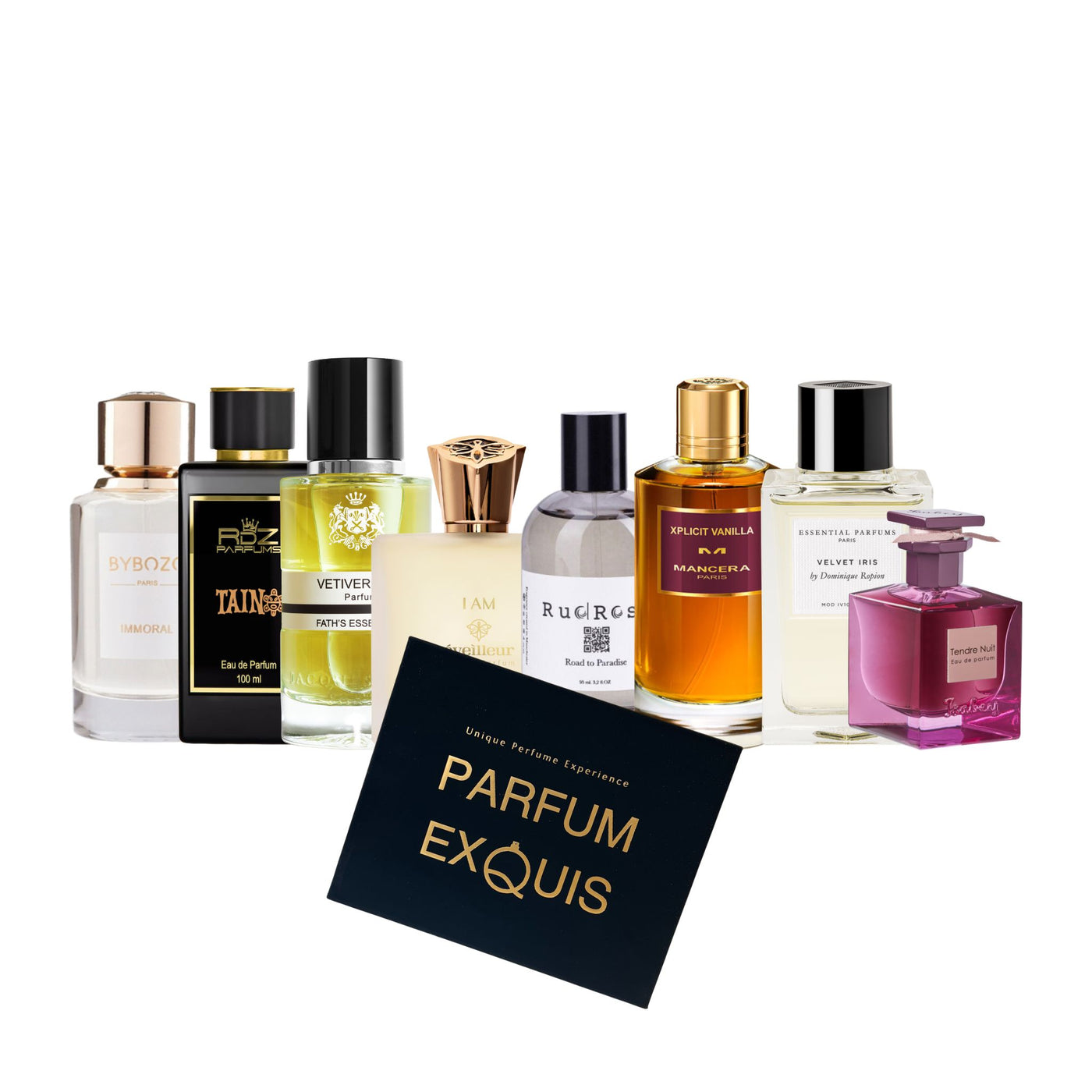 Collection of various perfume bottles with a 'Parfum Exquis' card on a white background