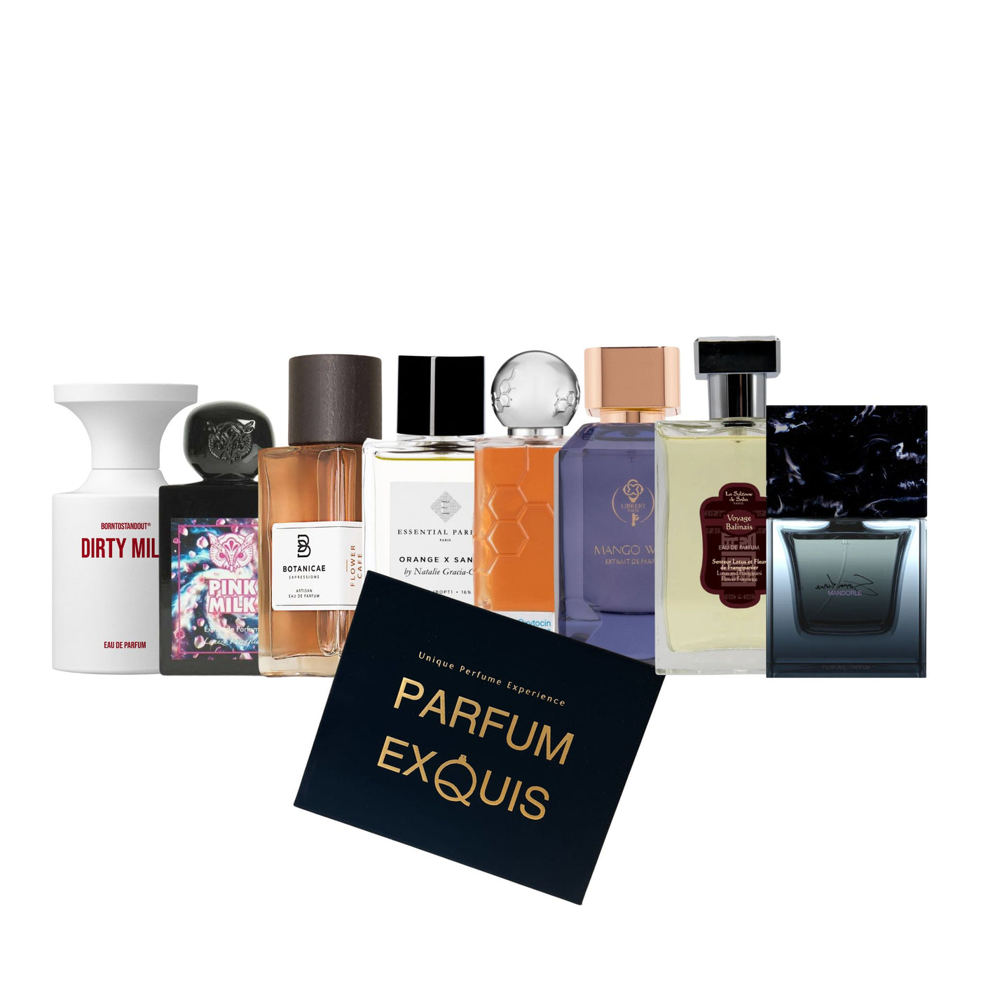 Collection of various perfume bottles with a 'Parfum Exquis' card on a white background
